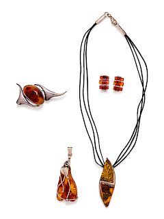 A Collection of Sterling Silver and Amber Jewelry,