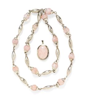 A Collection of Sterling Silver and Rose Quartz Jewelry,