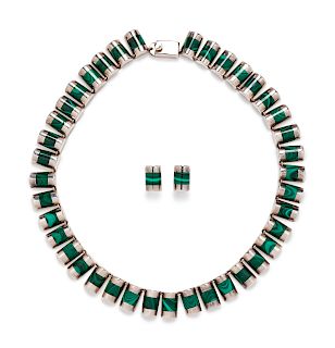 A Sterling Silver and Malachite Necklace and Earring Set, J. Comes, Mexico,