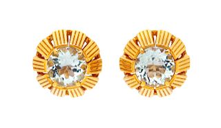 A Pair of 18 Karat Yellow Gold and Aquamarine Earrings,