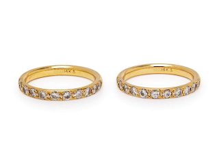 A Pair of 14 Karat Yellow Gold and Diamond Rings,