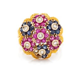 An 18 Karat Yellow Gold, Diamond, Ruby and Sapphire Ring,