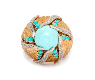 A 14 Karat Bicolor Gold, Turquoise and Diamond Bombe Ring,