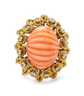 A 14 Karat Yellow Gold, Angel Skin Coral and Diamond Ring,