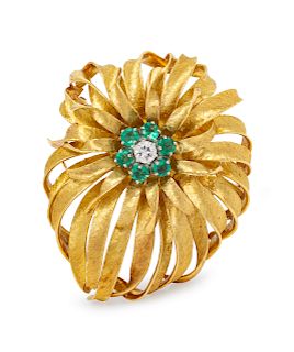 An 18 Karat Yellow Gold, Diamond and Emerald En Tremblant Brooch,