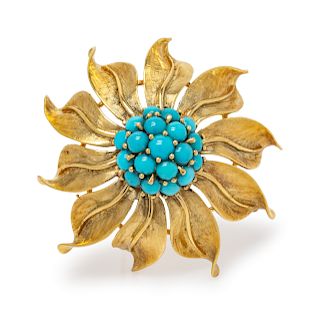 An 18 Karat Yellow Gold and Turquoise Flower Brooch, Cellino,