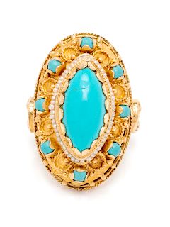 A 14 Karat Yellow Gold, Turquoise and Seed Pearl Ring,