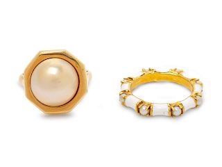 A Collection of Yellow Gold and Cultured Pearl Rings,