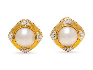 A Pair of 14 Karat Yellow Gold, Cultured Mabe Pearl and Diamond Earclips,