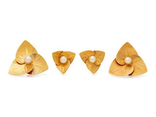 A Collection of Retro 14 Karat Yellow Gold and Cultured Pearl Jewelry,