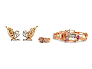 A Collection of Retro Rose Gold, Platinum, Ruby and Diamond Jewelry,