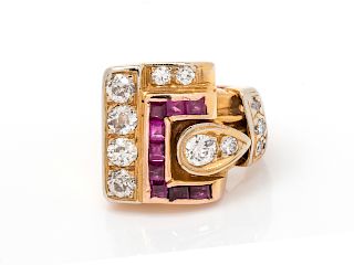 A Rose Gold, Diamond and Ruby Buckle Motif Ring,