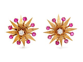 A Pair of Retro Yellow Gold, Diamond and Ruby Starburst Earclips,