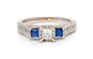 A 14 Karat White Gold, Diamond and Sapphire Ring,