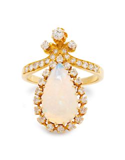A 14 Karat Yellow Gold, Opal and Diamond Ring,