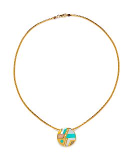 A 14 Karat Yellow Gold, Diamond and Hardstone Pendant/Necklace,