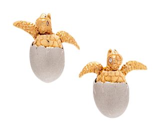 A Pair of 14 Karat Bicolor Gold and Diamond Turtle Hatchling Earclips, Denny Wong,