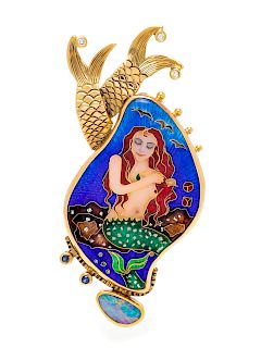 An 18 Karat Yellow Gold, Sapphire, Opal and Enamel Pendant/Brooch, Tricia Young,