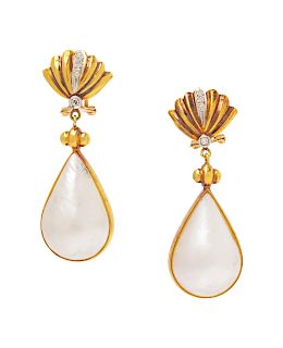 A Pair of 18 Karat Bicolor Gold, Cultured Mabe Pearl and Diamond Earclips,