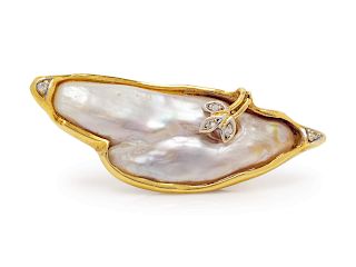 An 18 Karat Yellow Gold, Cultured Baroque Pearl and Diamond Brooch,