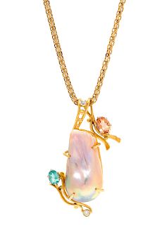 A Yellow Gold, Cultured Baroque Pearl, Diamond and Gemstone Simulant Pendant/Necklace,