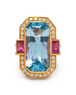An 18 Karat Rose Gold, Blue Topaz, Pink Tourmaline, Pink Sapphire and Diamond Ring, Zorab,