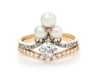 A Yellow Gold, Platinum, Diamond and Pearl Ring,