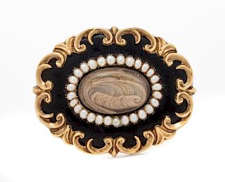 A Victorian Seed Pearl and Enamel Mourning Pendant/Brooch,