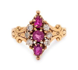 An Antique Yellow Gold, Ruby and Diamond Ring,