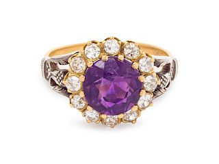 A Yellow Gold, Silver, Amethyst and Diamond Ring,