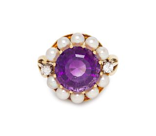 A 14 Karat Yellow Gold, Amethyst, Cultured Pearl and Diamond Ring,