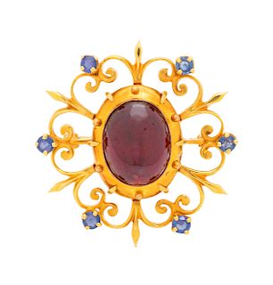 A Yellow Gold, Red Gemstone and Sapphire Pendant/Brooch,