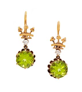 A Pair of 14 Karat Yellow Gold, Peridot and Diamond Earrings,