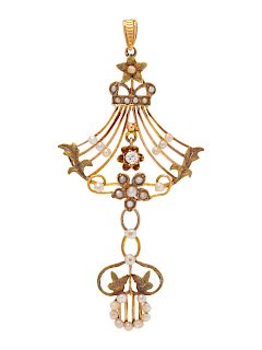 A Victorian 10 Karat Gold, Diamond and Pearl Pendant,