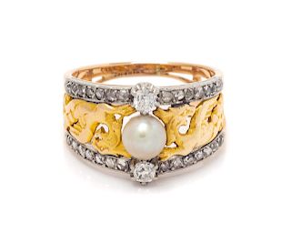 A Platinum Topped Yellow Gold, Diamond and Pearl Ring,