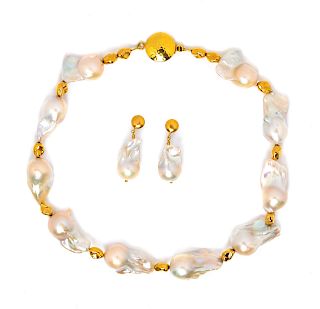 A Yellow Gold and Baroque Cultured Pearl Demi-Parure,