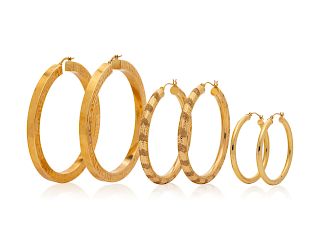 A Collection of 14 Karat Yellow Gold Hoop Earrings,