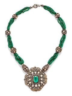 A Silver Topped Gold, Diamond and Emerald Bead Necklace, Indian,