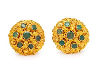 A Pair of Yellow Gold and Emerald Earrings,