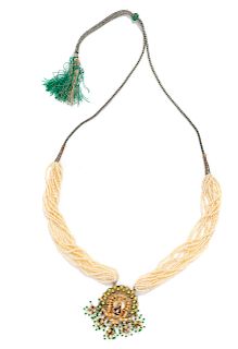 A Kundan High Karat Yellow Gold, Diamond, Polychrome Enamel, and Glass Peacock Motif Necklace, Indian,
