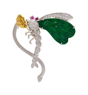 An 18 Karat Bicolor Gold, Jade, Diamond, Ruby, and Sapphire Dragonfly Brooch,