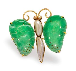A 14 Karat Yellow Gold, Jade and Cultured Pearl Butterfly Brooch,