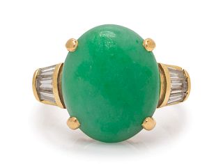 A 14 Karat Yellow Gold, Jade and Diamond Ring,