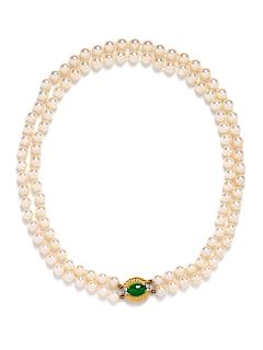 An 18 Karat Yellow Gold, Cultured Pearl, Jade and Diamond Necklace,