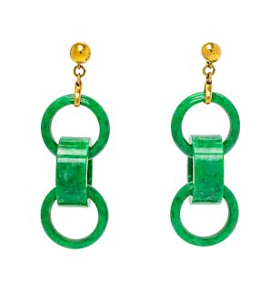 A Pair of Yellow Gold and Green Hardstone Earrings,