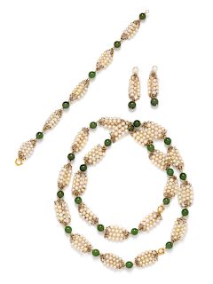A 14 Karat Yellow Gold, Cultured Pearl and Nephrite Demi-Parure,