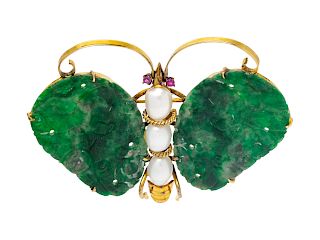 A 14 Karat Yellow Gold, Jade, Cultured Pearl and Pink Sapphire Butterfly Brooch,