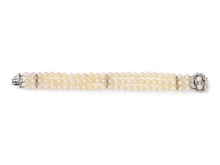 A White Gold, Cultured Pearl and Diamond Bracelet,