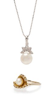 A Collection of White Gold, Cultured Pearl and Diamond Jewelry,