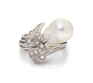 A White Gold, Baroque Pearl and Diamond Ring,